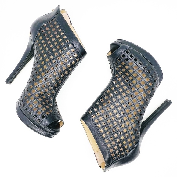 MICHAEL Michael Kors Caged Heels Black Leather Bootie Platform Peep Toe Size 8 - Picture 2 of 11